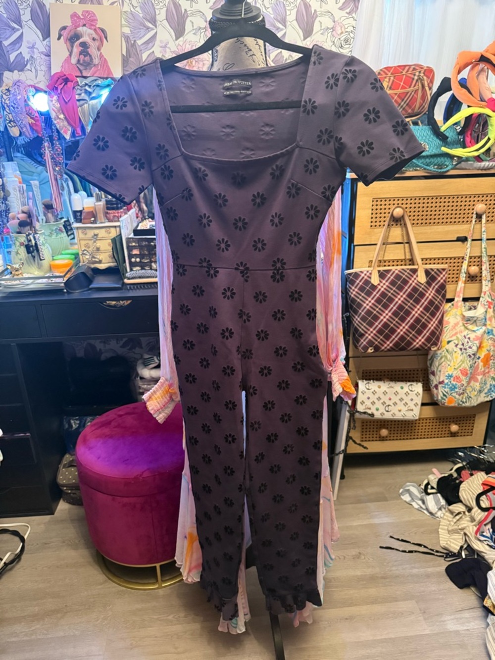 Urban Outfitters Purple Floral-Print Short-Sleeve Jumpsuit Romper